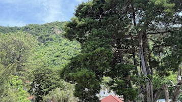 Ein Gebäude mit rotem Ziegeldach, umgeben von dichtem Grün und einer Berglandschaft im Hintergrund.