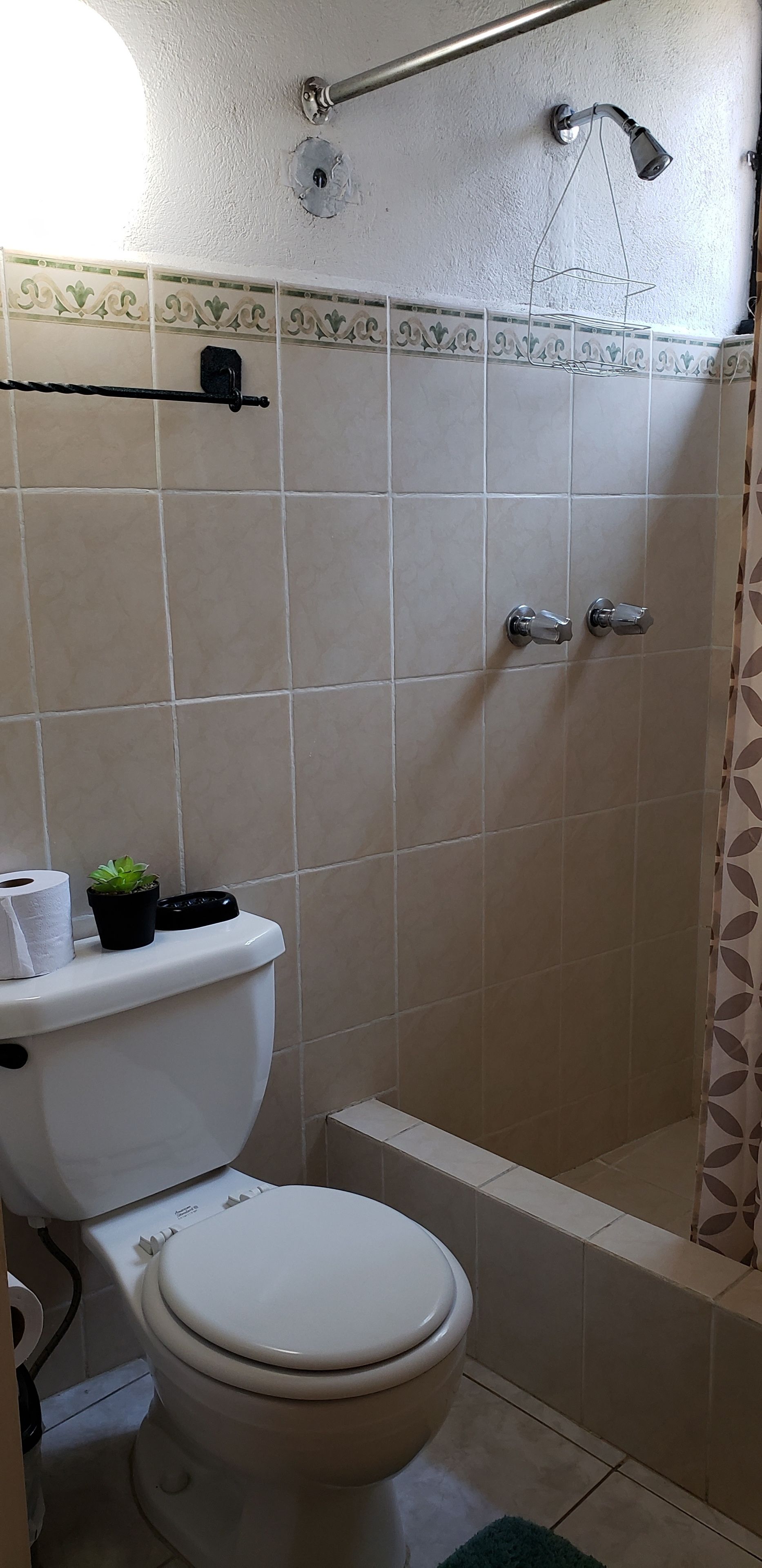 A bathroom with a toilet, a shower, and a towel rack.