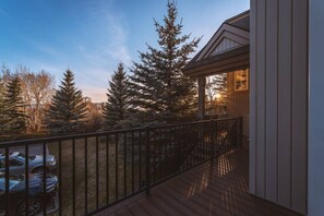 A wooden deck with a metal railing, overlooking a parking area and a forested landscape.