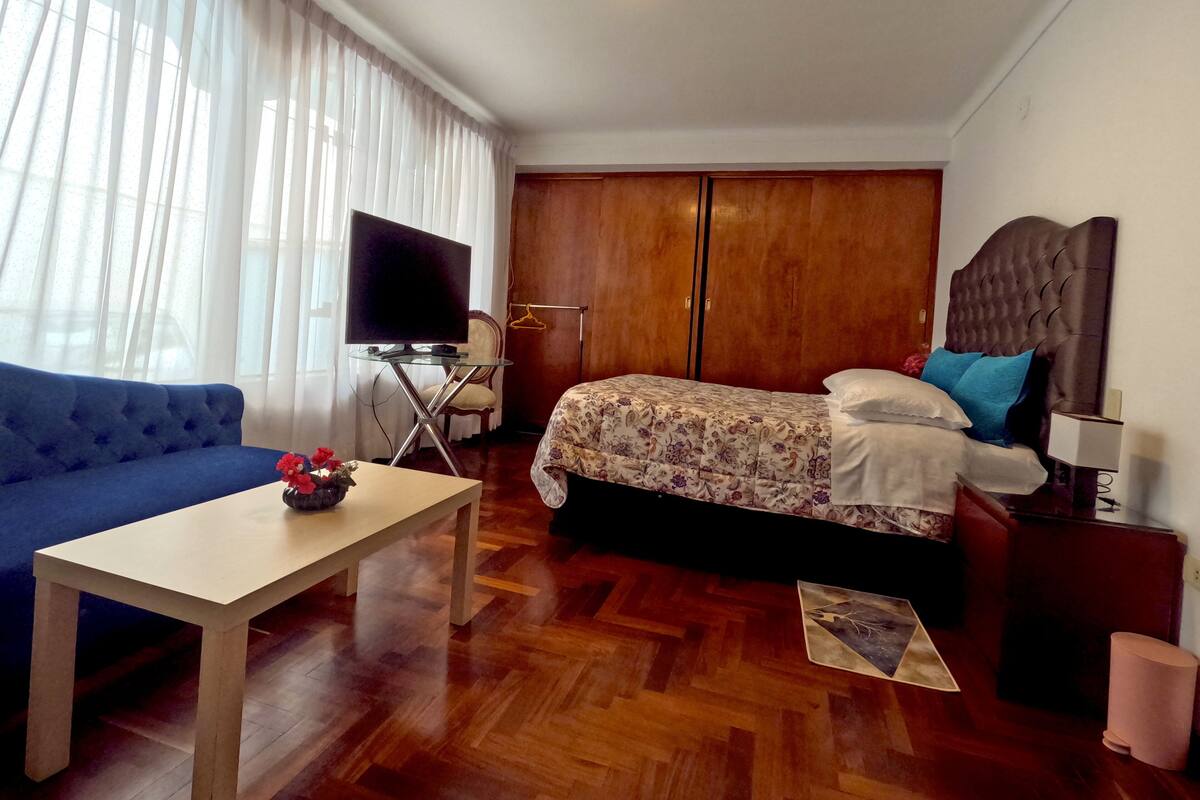 Habitación de hotel con una cama, televisor sobre un mueble, sofá, mesa con un florero y piso de madera.