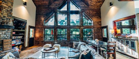 TV, fireplace, table football