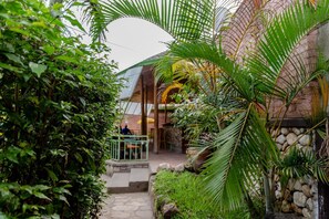 Un sendero en un jardín tropical que lleva a un edificio con pared de piedra y palmeras.