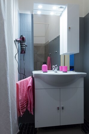 Combined shower/bathtub, hair dryer, towels, toilet paper