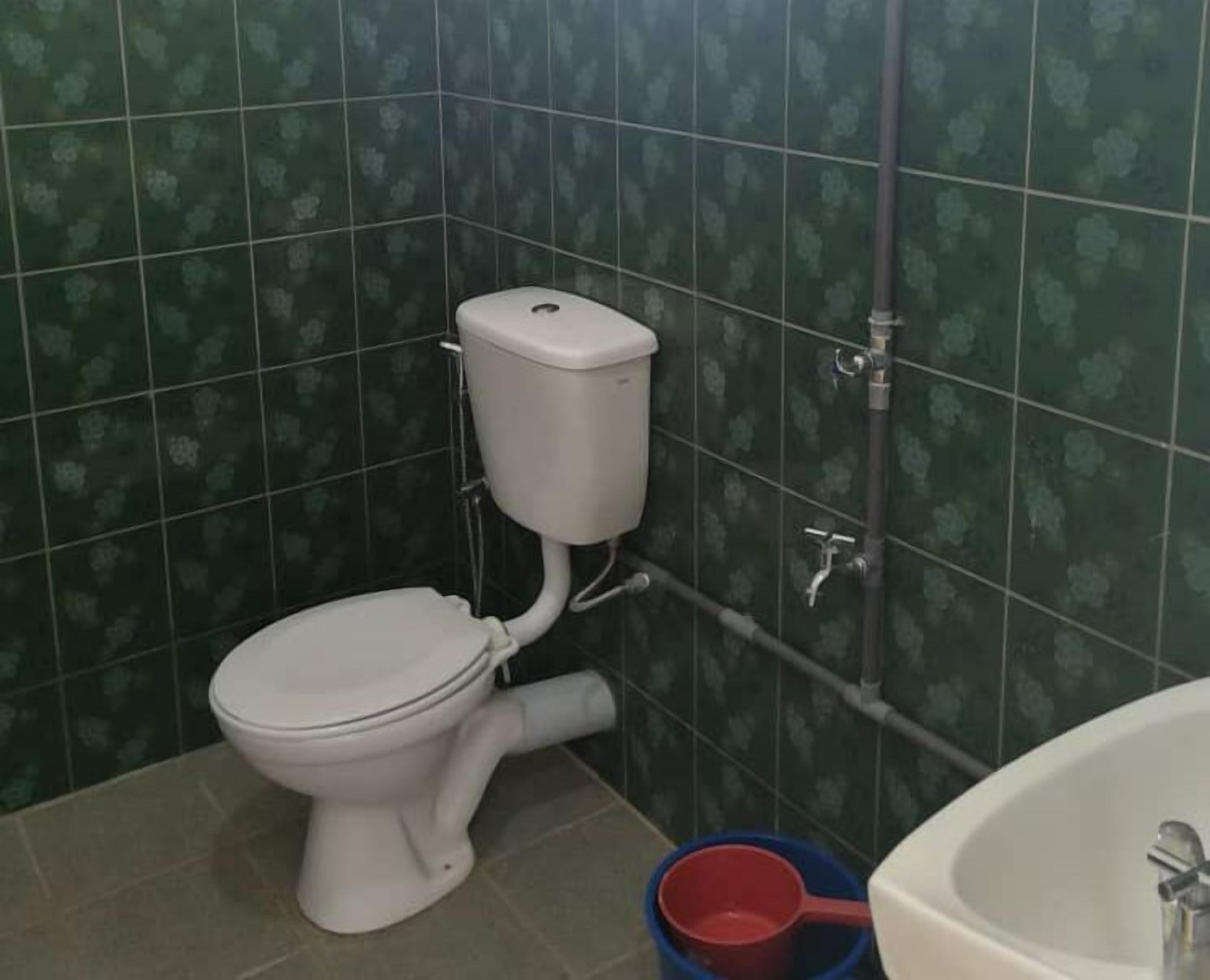 A bathroom with a toilet, a sink, and a shower.