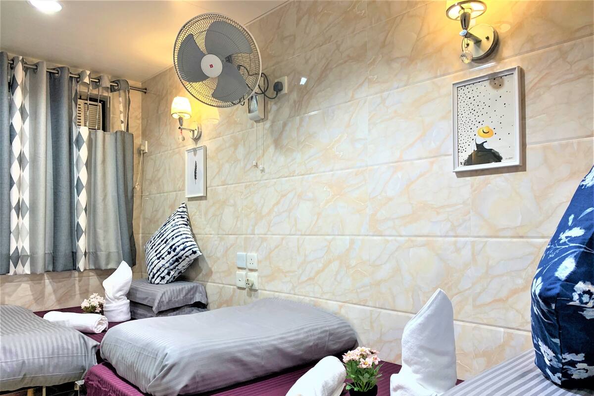 A hotel room with two beds, a wall-mounted fan, a small potted plant, and a framed picture.