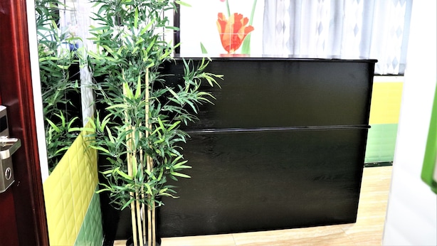 A room with a black cabinet, a green plant, and a yellow curtain. - I Top Guest House (Kowloon)