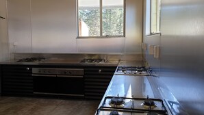Eine Küche mit Gaskochfeld, Backofen und Blick ins Grüne.