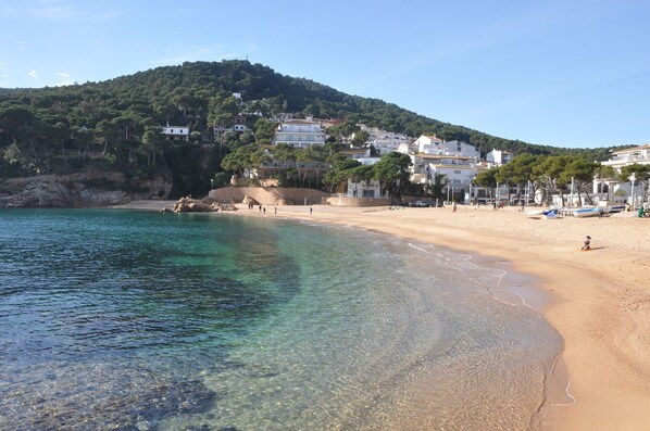 A beach with clear water, sandy shore, and buildings on a hillside.