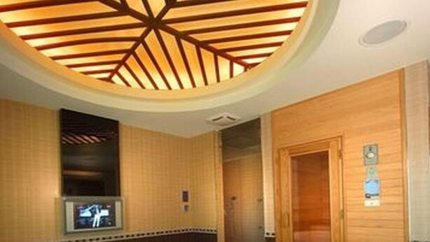 Un baño moderno con una bañera grande, paneles de madera y un aplique de techo.