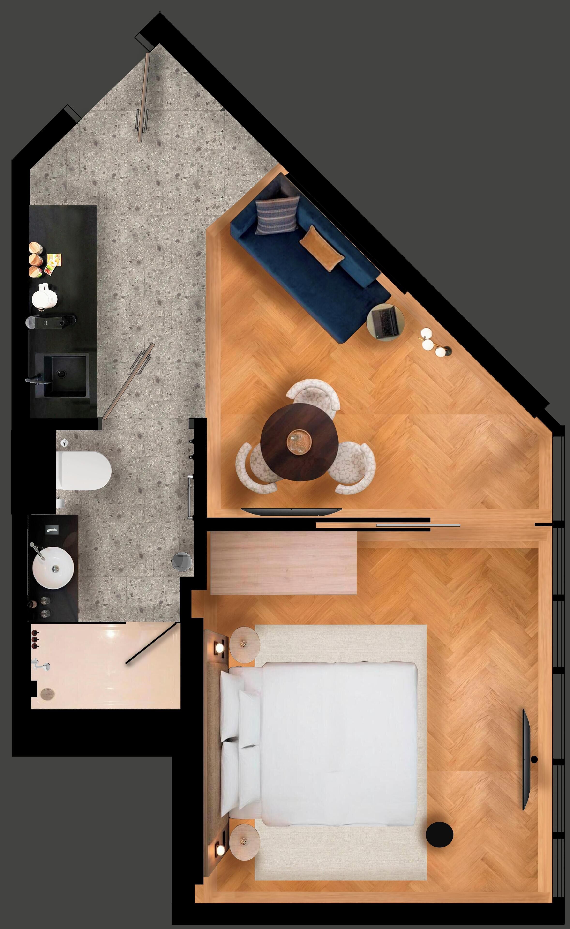 A bedroom with a bed, a bedside table, and a nightstand.