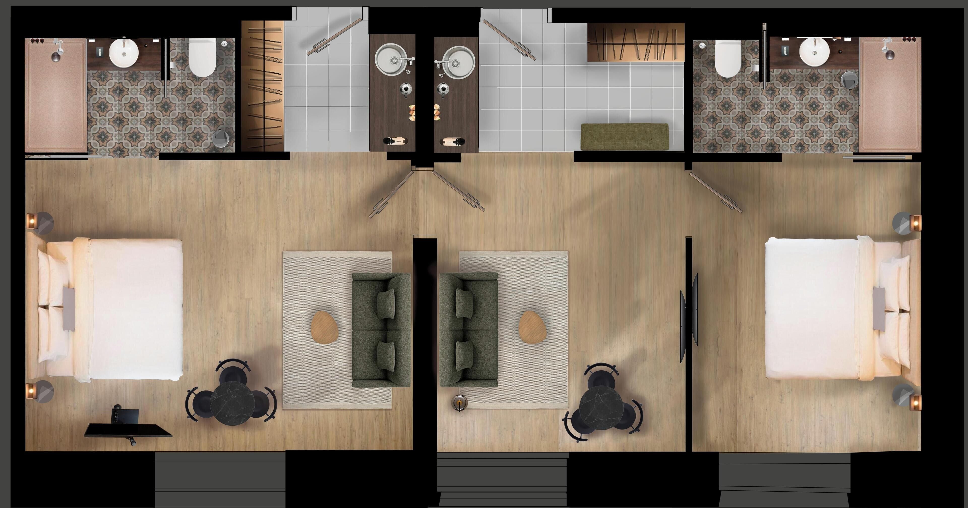 A hotel room layout with a bed, two seating areas, a bathroom, and a kitchenette.