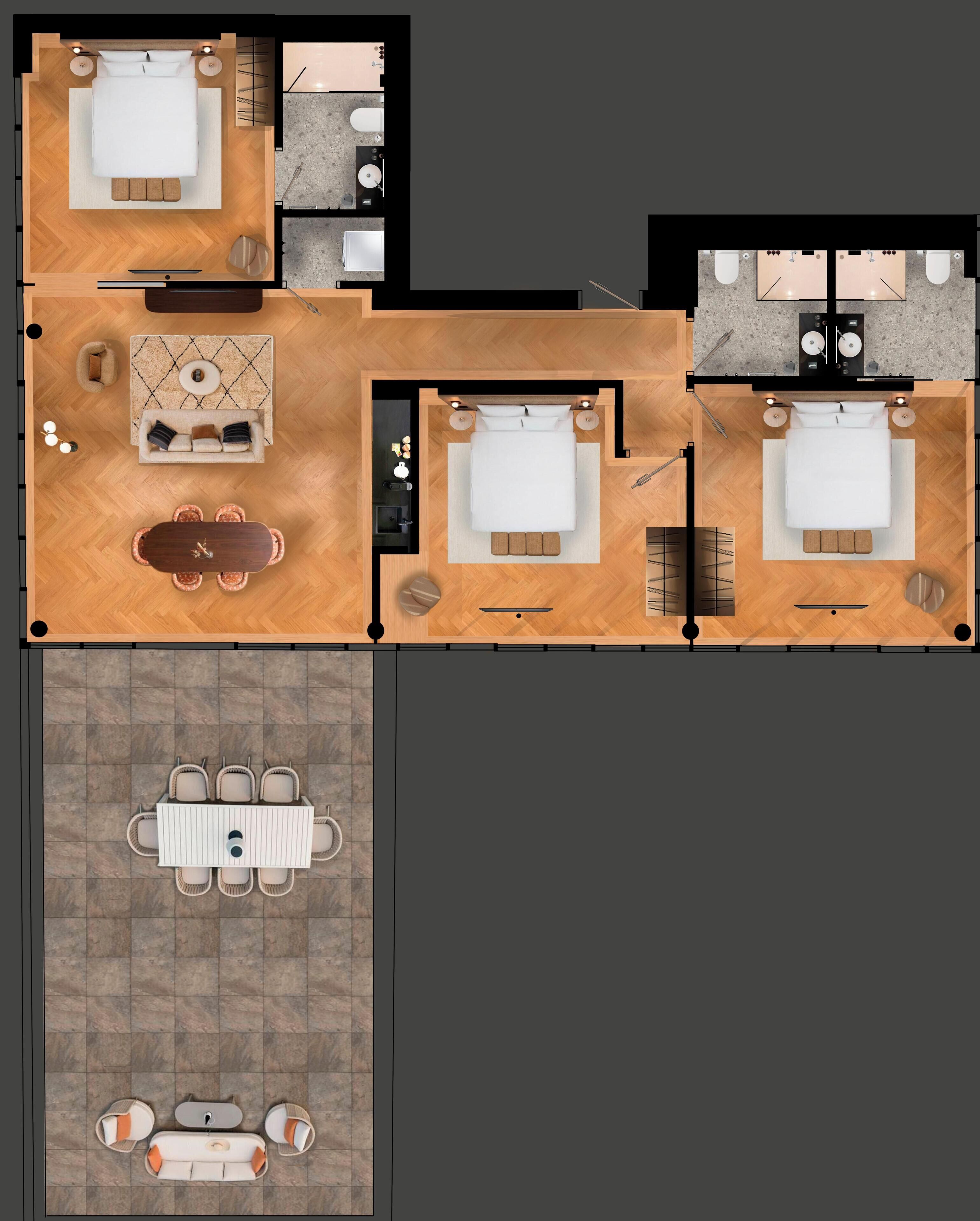 A hotel layout with multiple bedrooms, a dining area, and a bathroom.