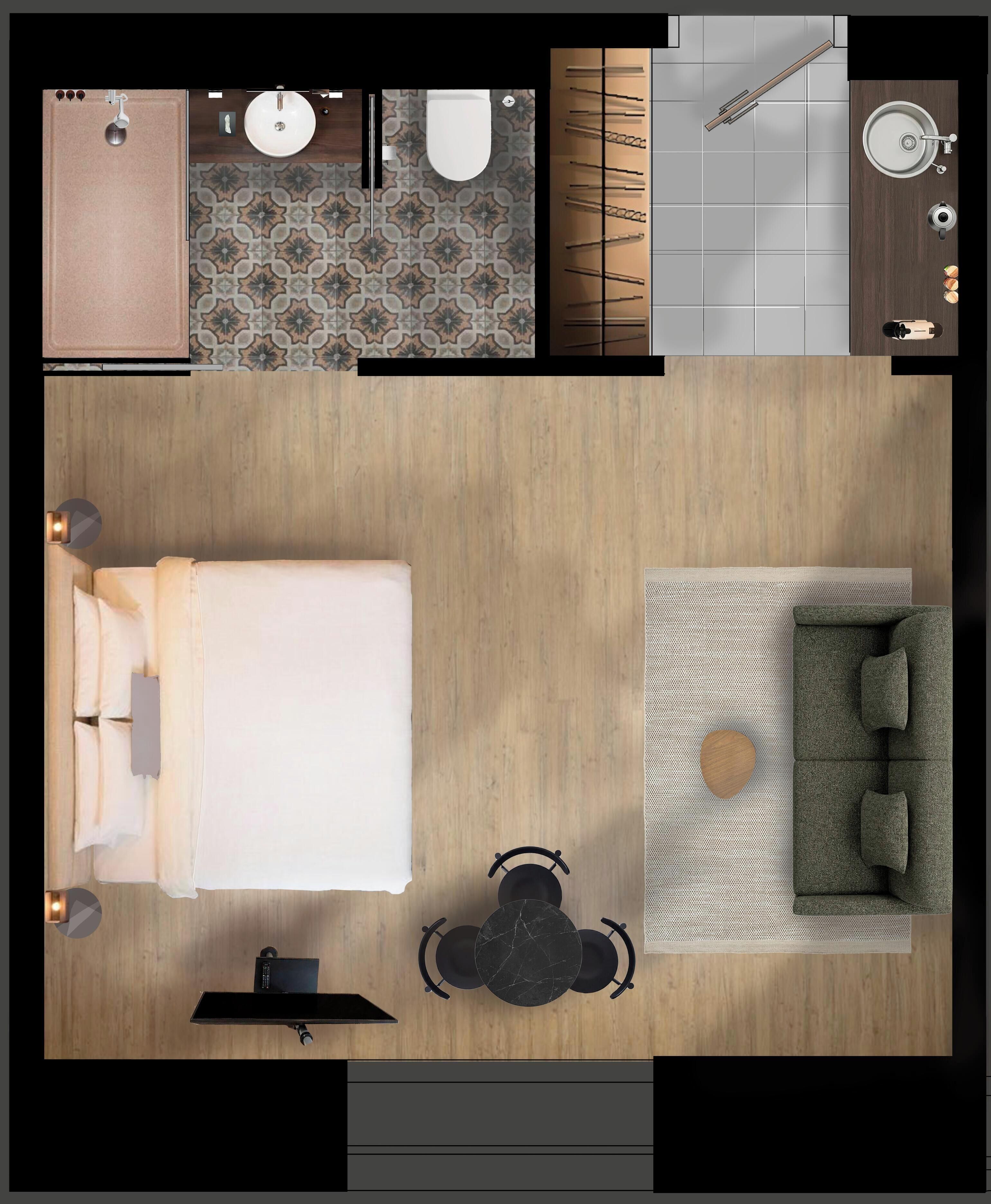 Ein Zimmer mit Bett, einer Sitzecke, einem Esstisch mit Stühlen, einer kleinen Küche und einem Badezimmer.