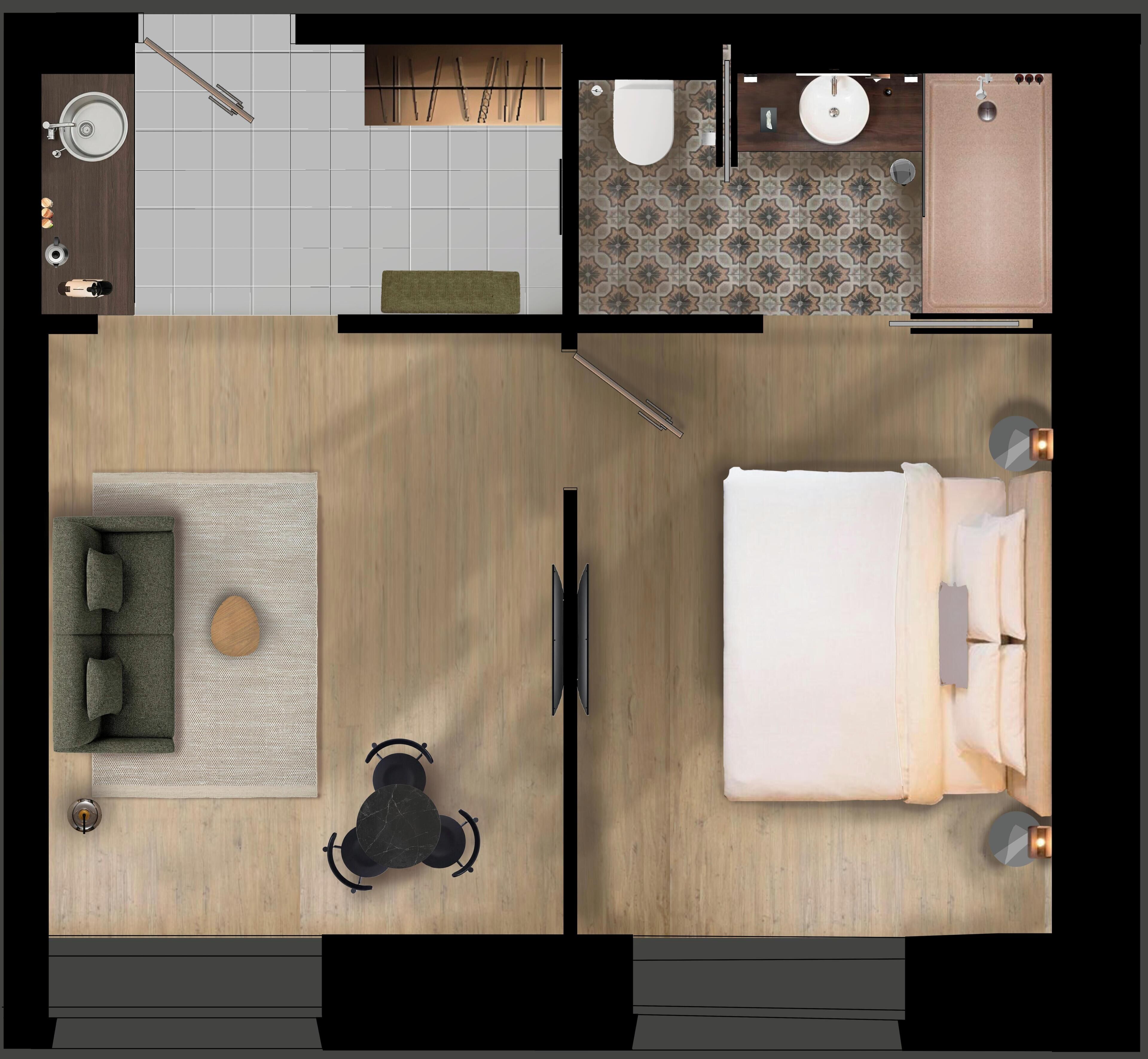 Une chambre d’hôtel comprenant un lit, un canapé, une table à manger, une télévision et une salle de bain avec des toilettes, un lavabo et une douche.