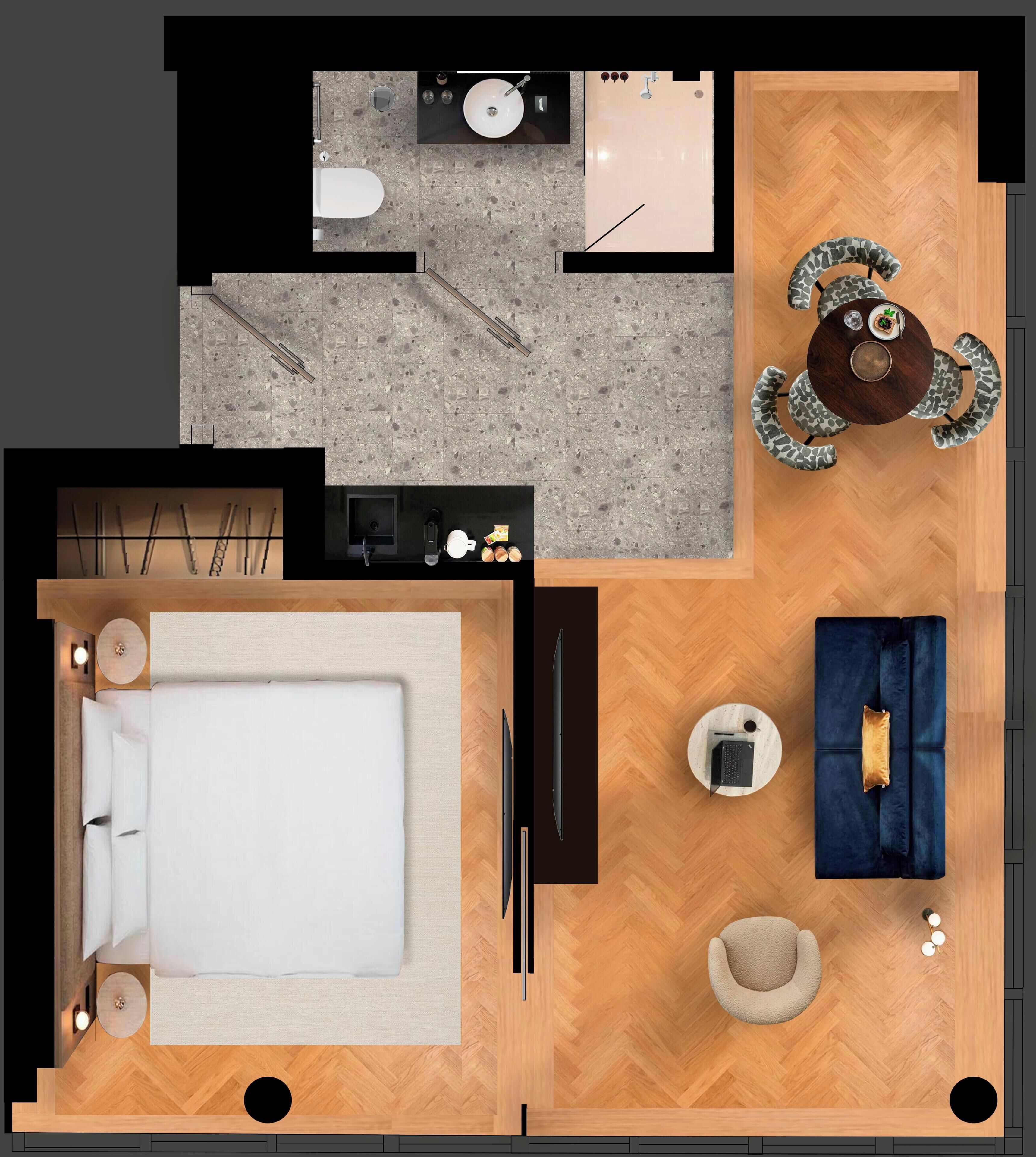 A room with a bed, a desk, a chair, a small table with a laptop, and a sofa.