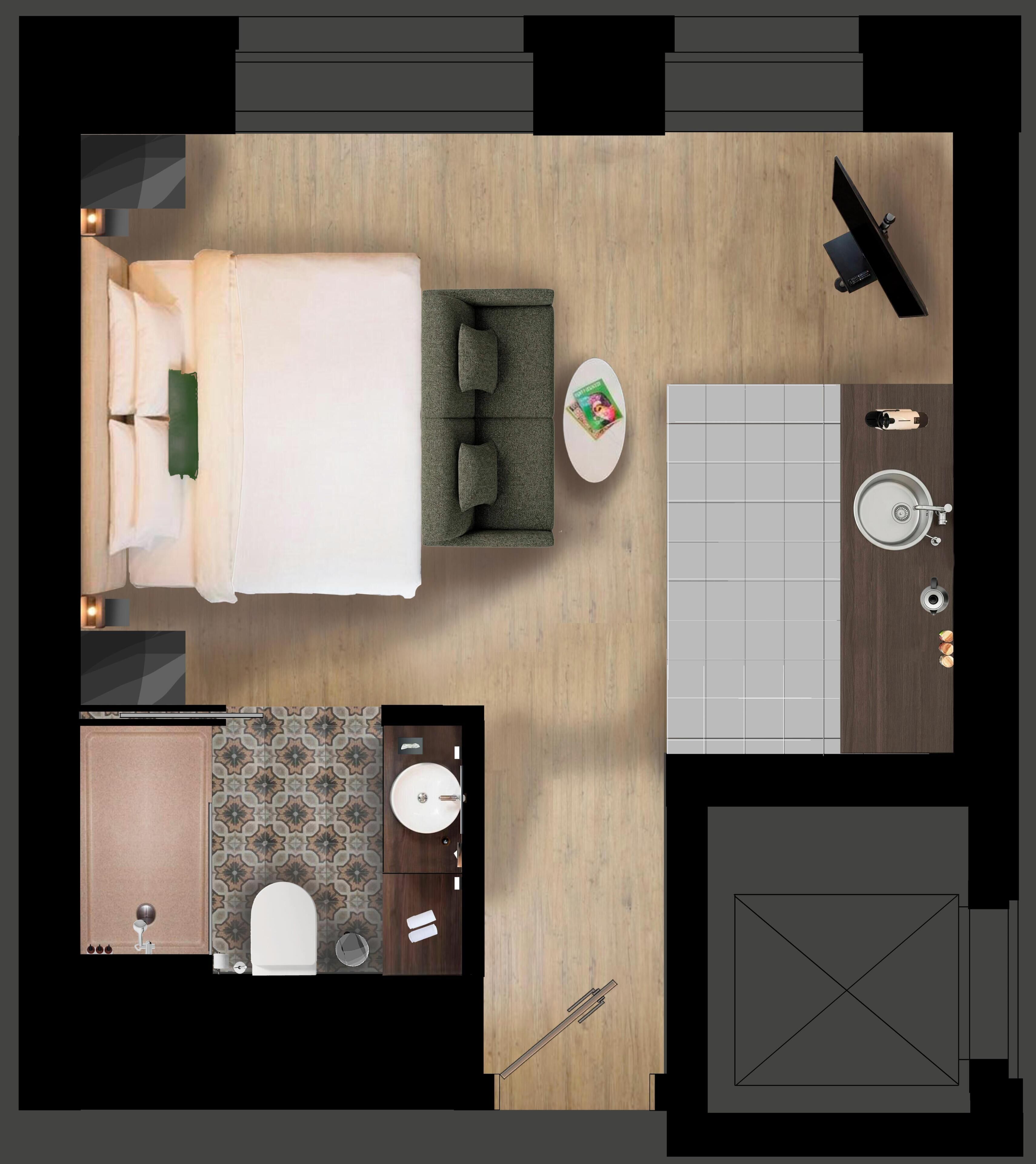 A top-down view of a hotel room with a bed, a small seating area, a dining table, a sink, and a toilet.