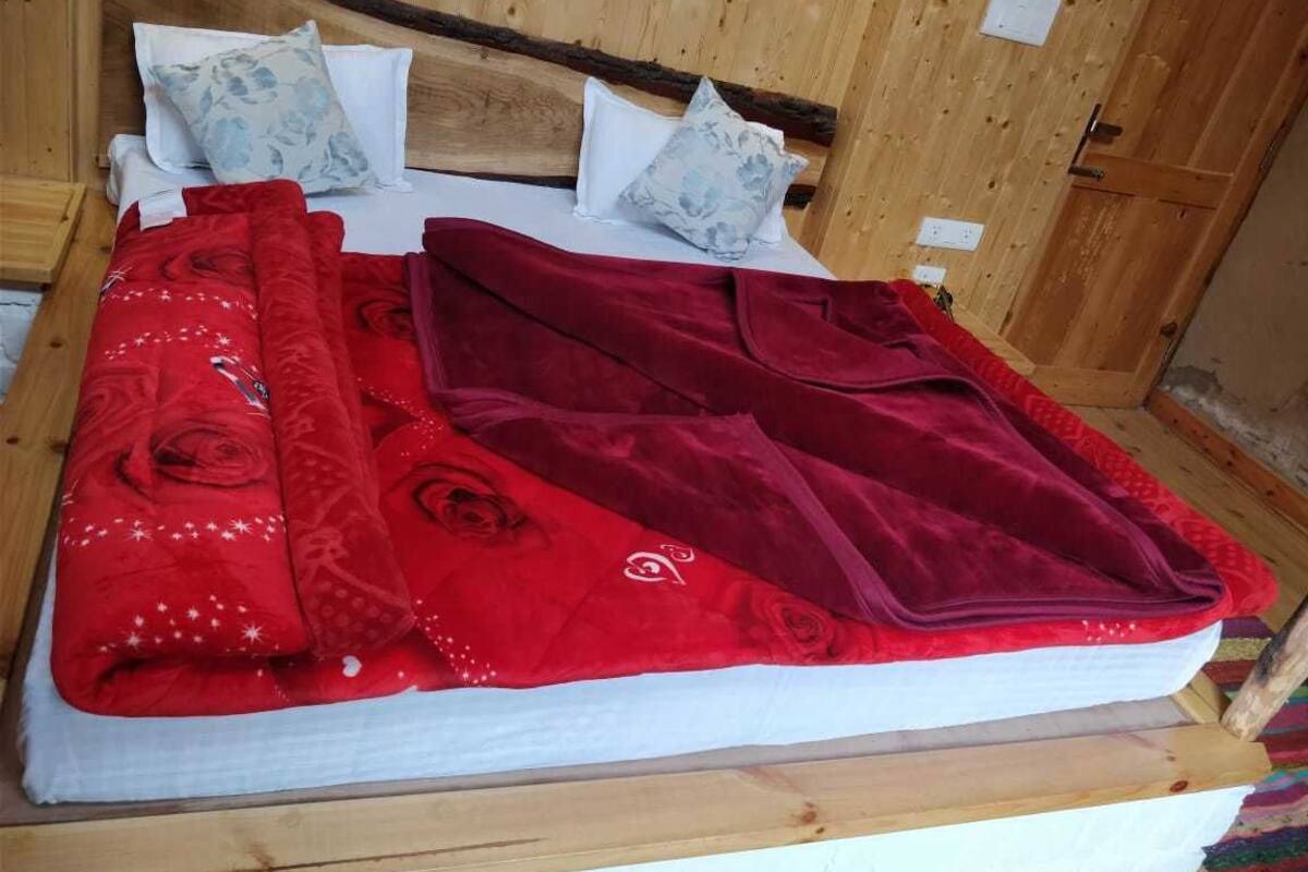 A bed with a red blanket and pillows, wooden headboard, and a wooden door in the background.