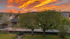 Un barrio residencial con un árbol grande, un jardín de flores coloridas y casas al fondo.