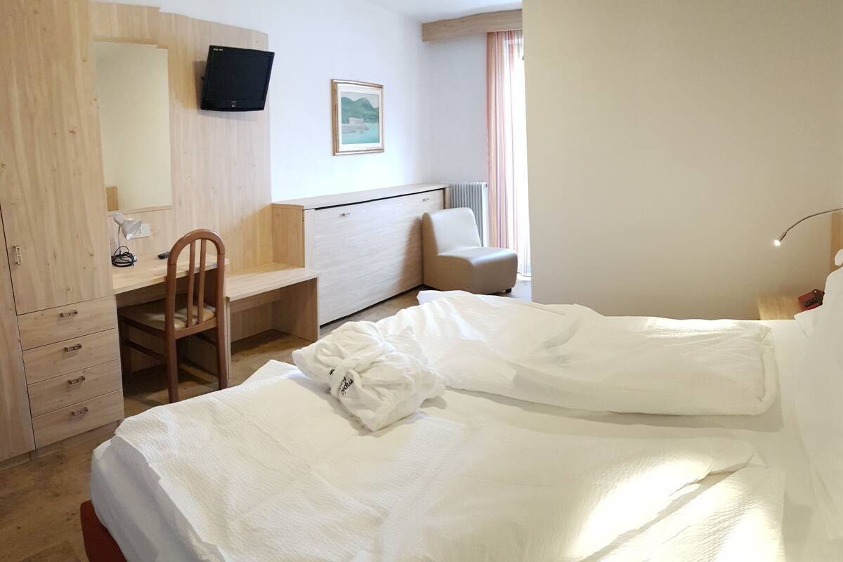 A hotel room with a bed, a desk, a chair, a television, and a framed picture on the wall.