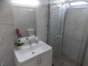 Dusche, Haartrockner, Handtücher, Seife