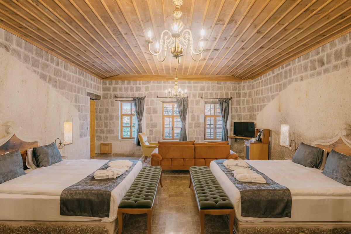 Habitación de hotel con dos camas, un sofá, una televisión y una araña.