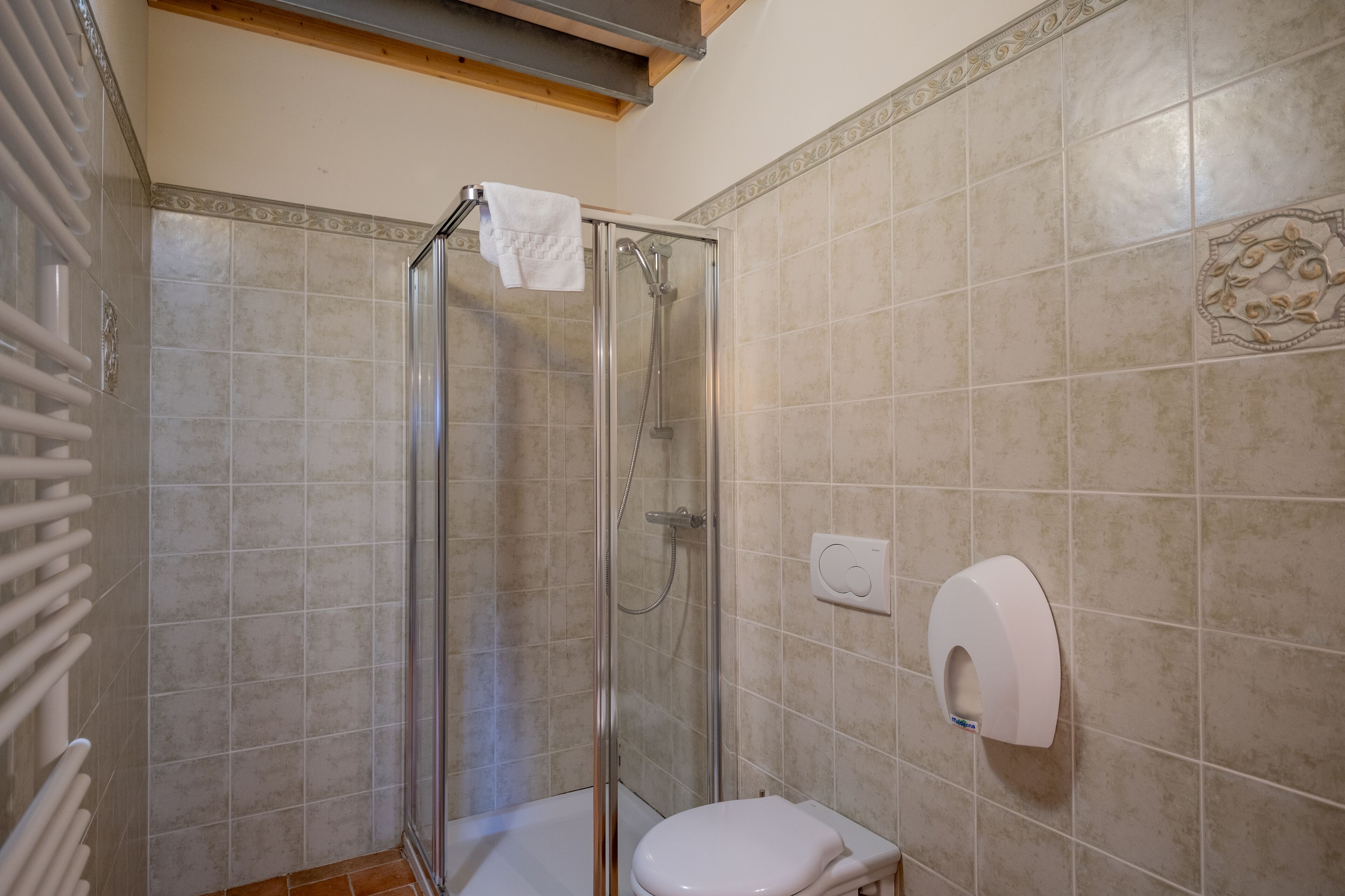 Un bany amb dutxa d'ampul·la de vidre, un vàter i un dispensador de paper de toc.