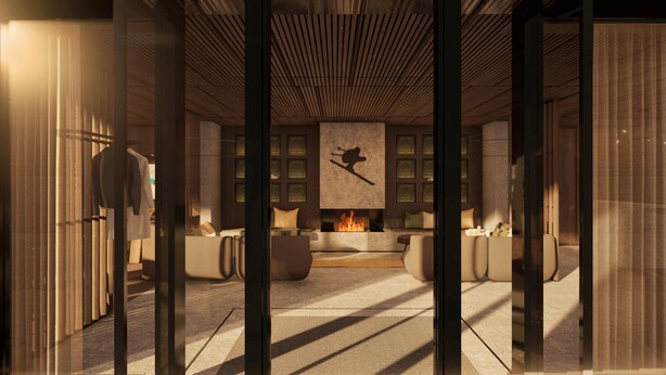 A modern interior with a fireplace, seating area, and a ski-themed artwork. - New Hotel Kristberg in Lech with Spa, outdoor pool and panoramic view (Lech am Arlberg)