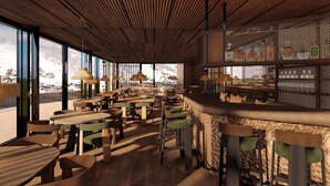 A restaurant with wooden tables and chairs, large windows, and a bar area. - New Hotel Kristberg in Lech with Spa, outdoor pool and panoramic view (Lech am Arlberg)