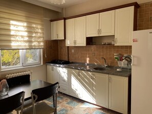 Appartement, 1 chambre | Cuisine privée | Réfrigérateur, un four, surface de cuisson, vaisselle et ustensiles