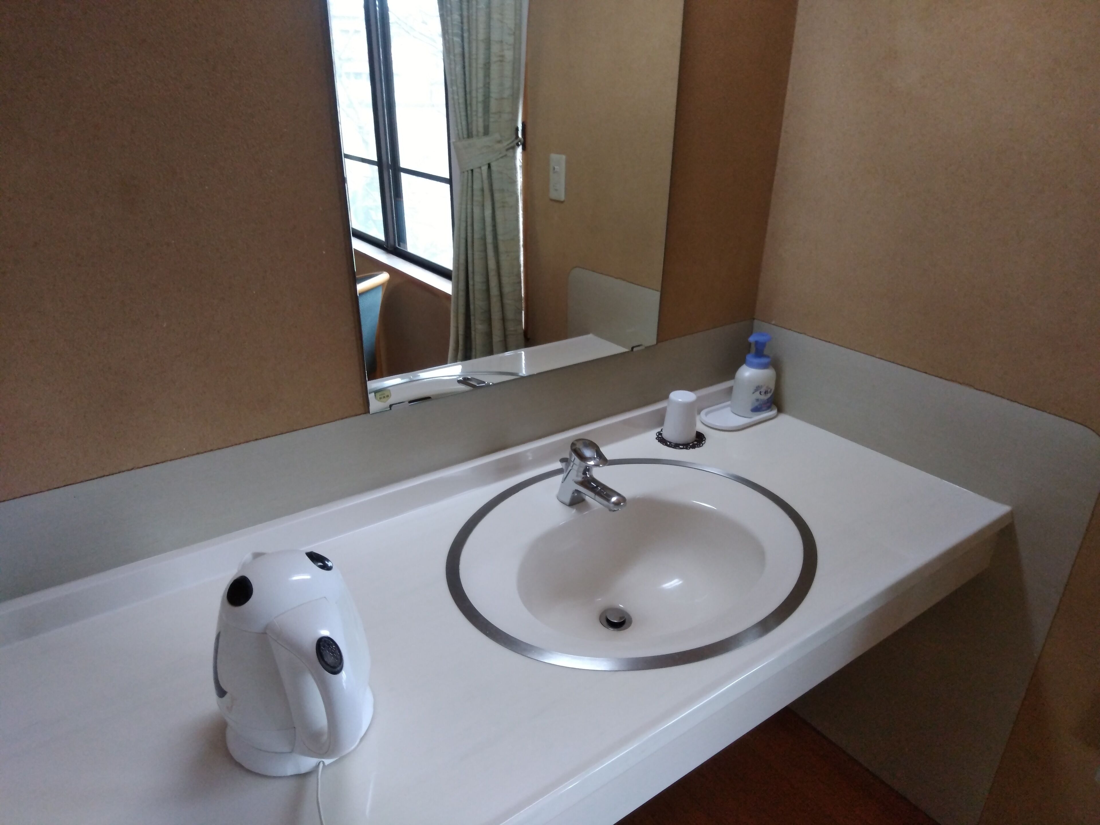 A bathroom with a white sink, a mirror, and a hand dryer.