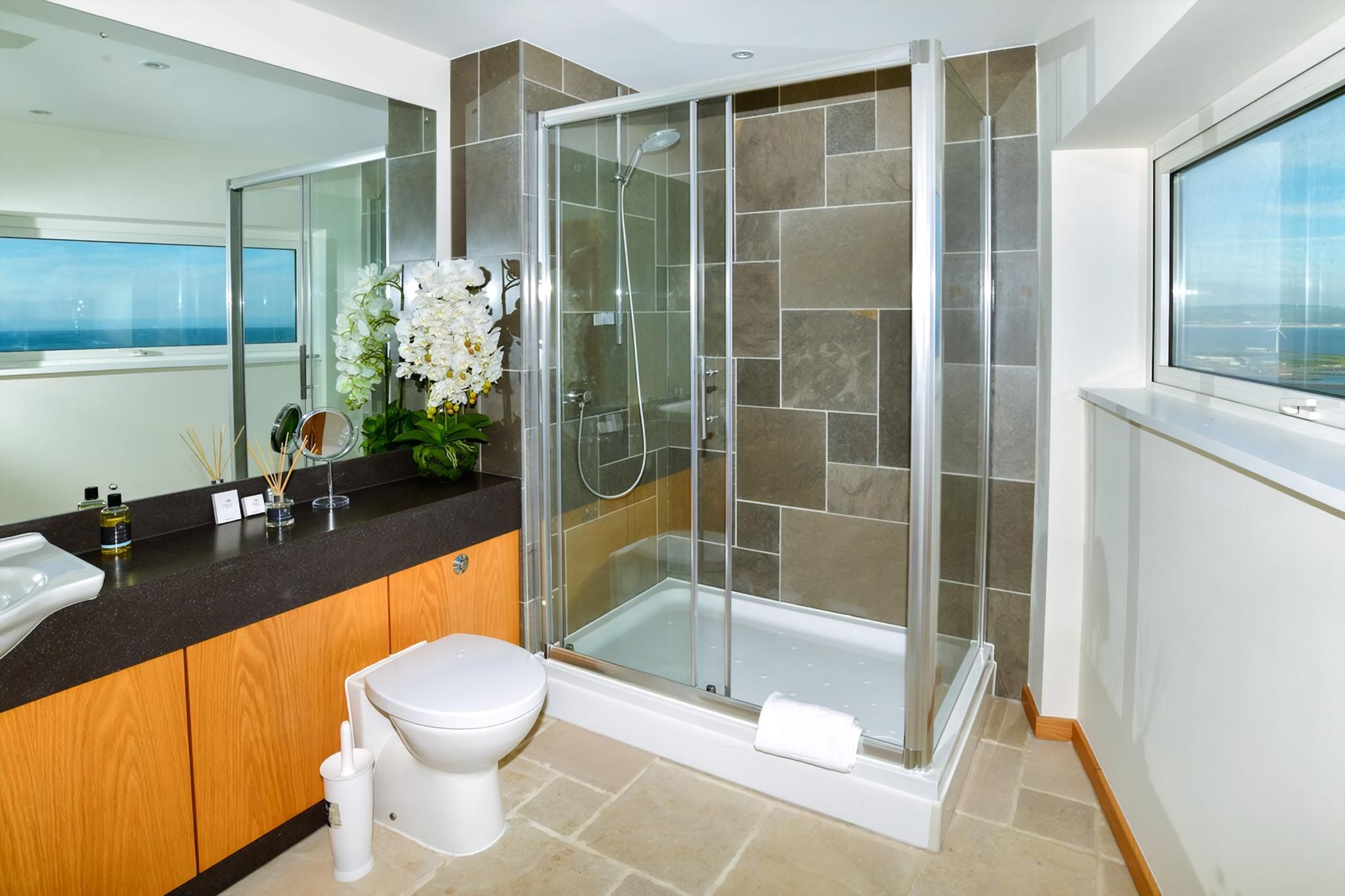 A modern bathroom with a glass-enclosed shower, a white toilet, and a large mirror.