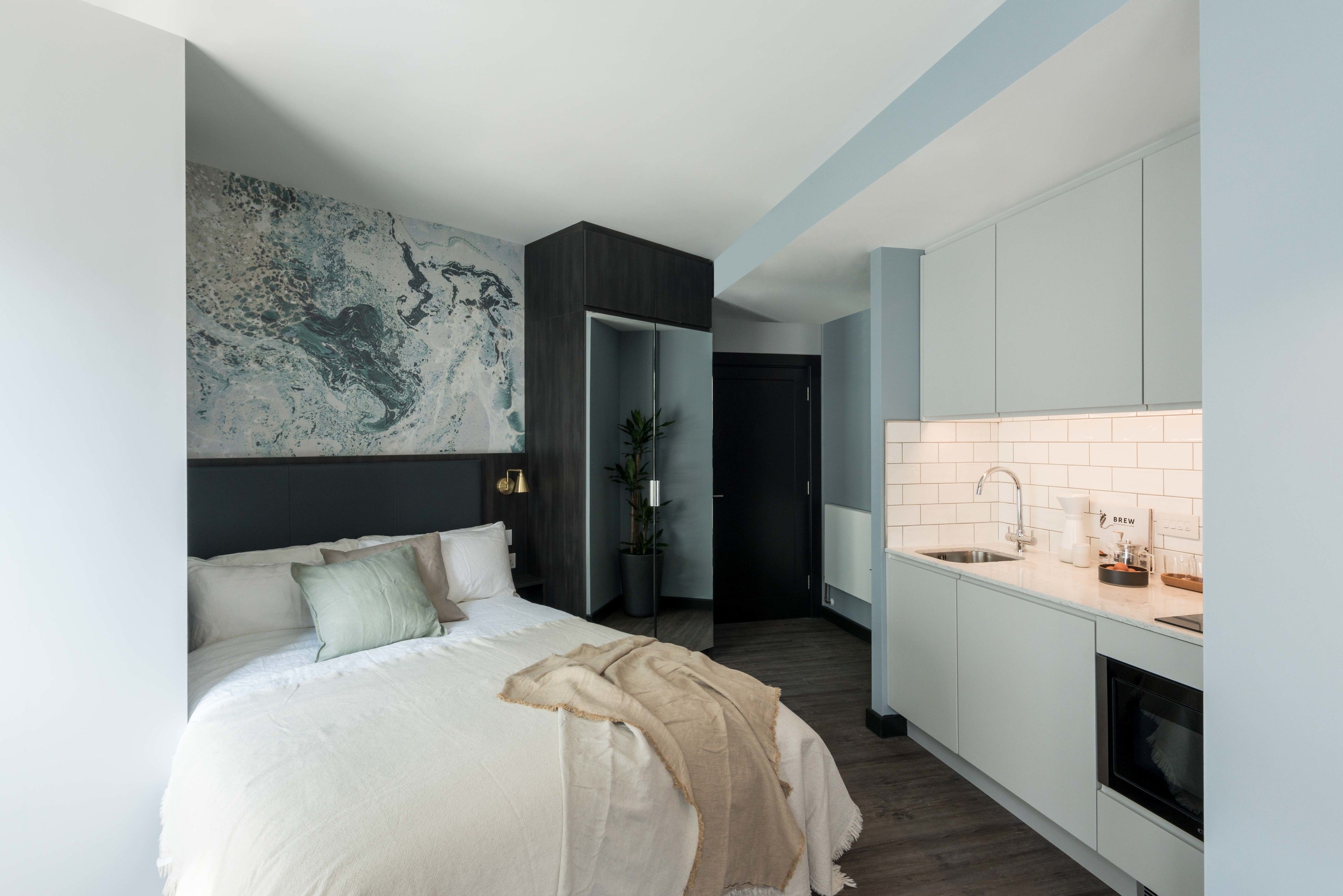 Ein modernes Schlafzimmer mit einem großen Bett, einem dunklen Kopfteil und einem Wandbild. Daneben befindet sich eine kompakte Küche mit weißen Schränken, einem Spülbecken und einer Kaffeemaschine.
