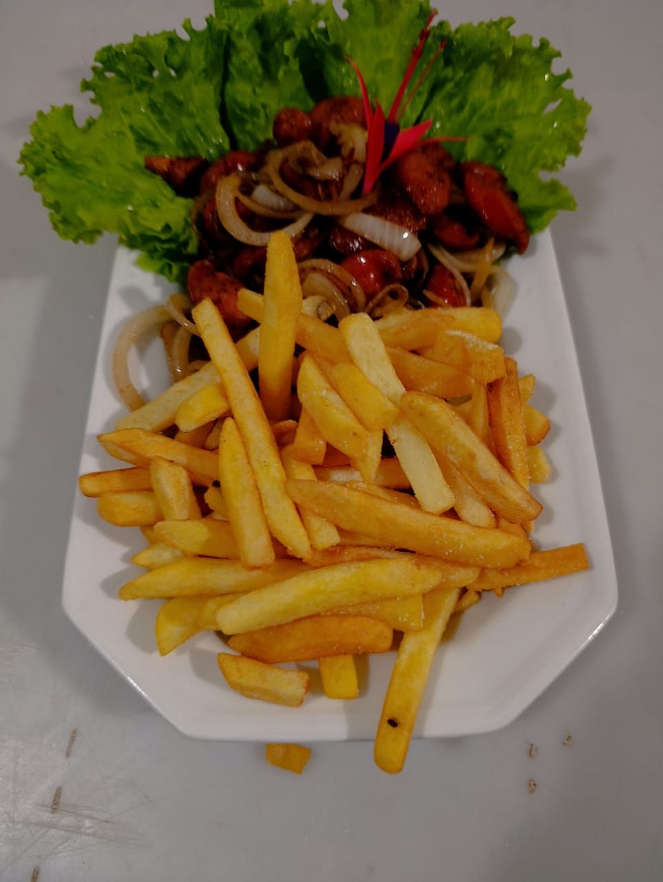 A plate of French fries with a side salad and onions.