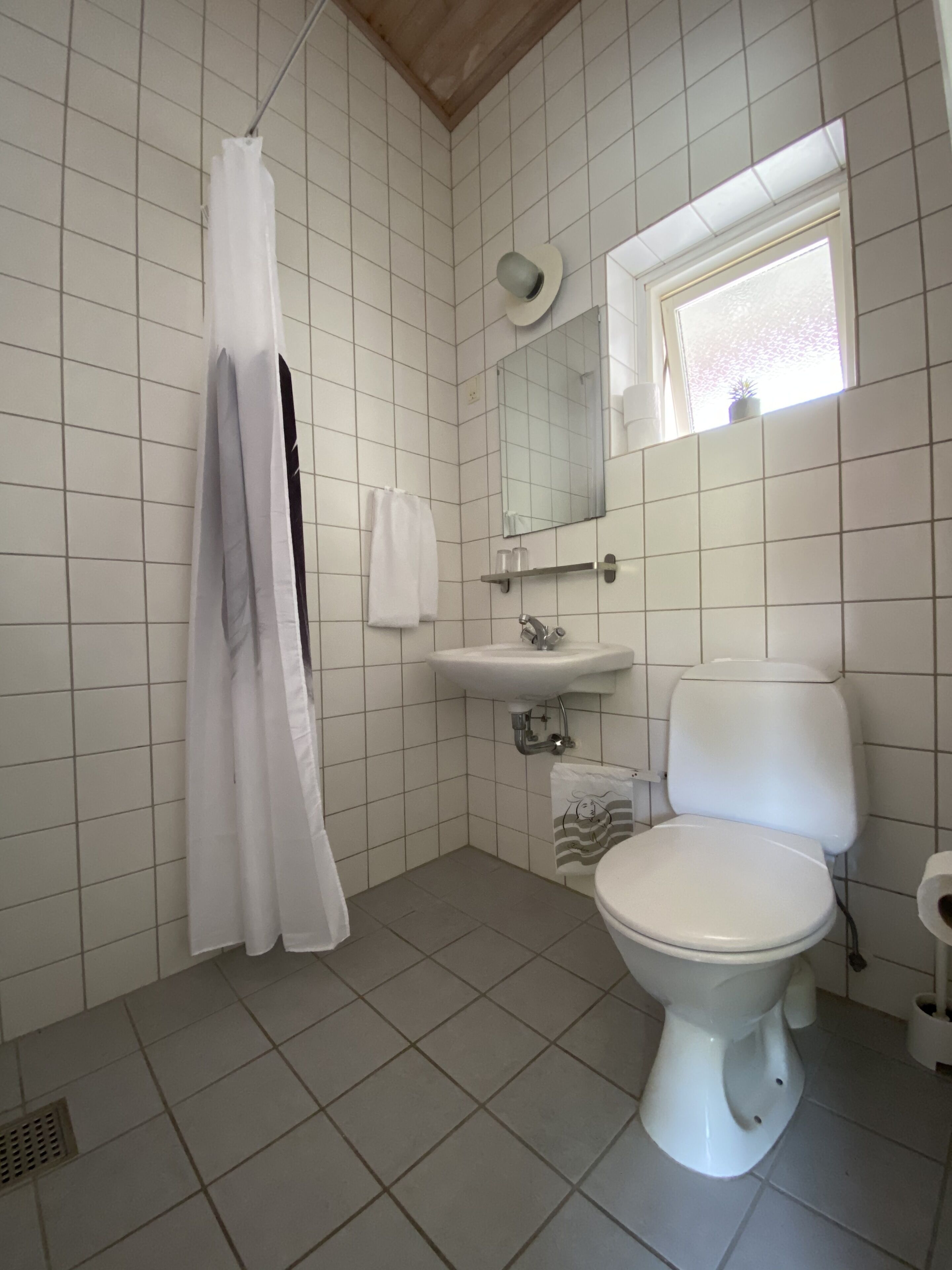 A bathroom with a toilet, sink, and shower curtain.