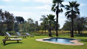 A pool area with lounge chairs and palm trees. - Esther's Country Lodge (Magaliesberg)