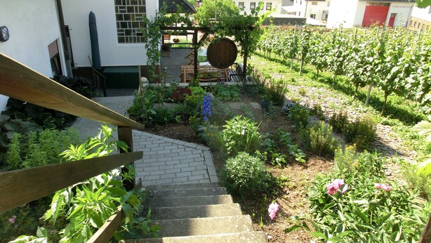 Un jardin agrémenté d’un escalier en pierre menant à une terrasse en bois, le tout entouré de diverses plantes et fleurs.