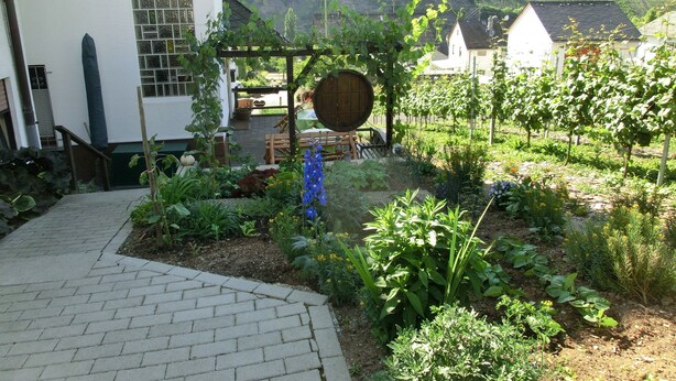 Ein Garten mit einem Ziegelweg, der zu einem weißen Gebäude mit einem raumhohen Fenster führt.