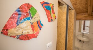 Design Shared Dormitory (1 bed in 4 bed dorm) | Bathroom | Shower, rainfall showerhead, hair dryer, soap - Mosaic Home - Hostel (Tirana)