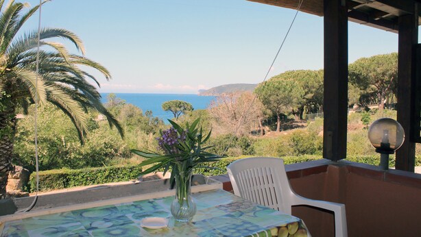 Ein Tisch mit Blumen, ein Stuhl und Blick auf Meer und Hügel.