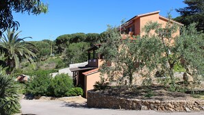 Eine mediterrane Villa mit Steinhausfassade, einer Steinmauer und üppiger Vegetation.