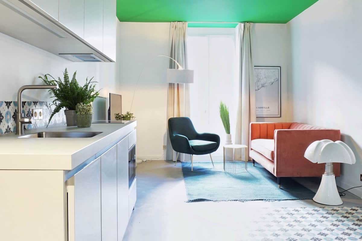 A modern kitchen with white cabinets, a sink, and a potted plant. There is a dining area with a blue rug, a black chair, and a red sofa.