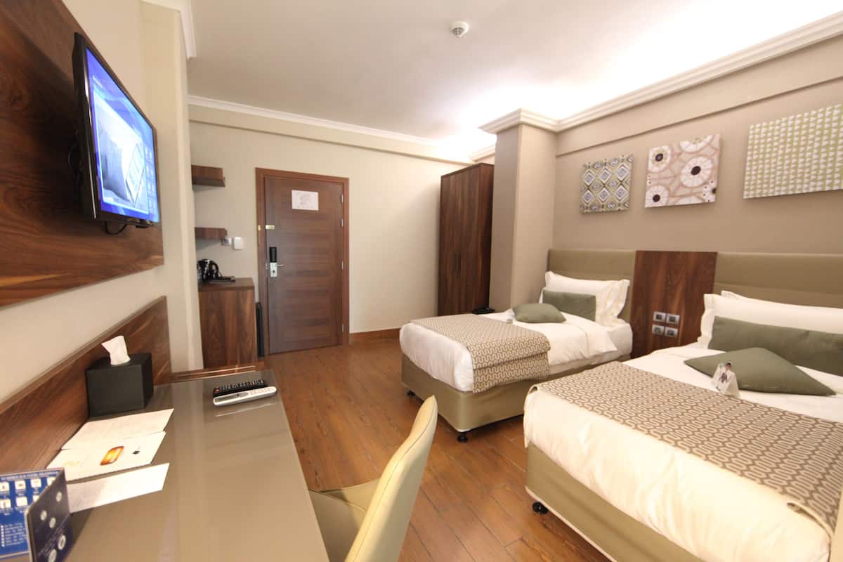 A hotel room with two beds, a TV mounted on the wall, a desk with a chair, and a wooden floor.