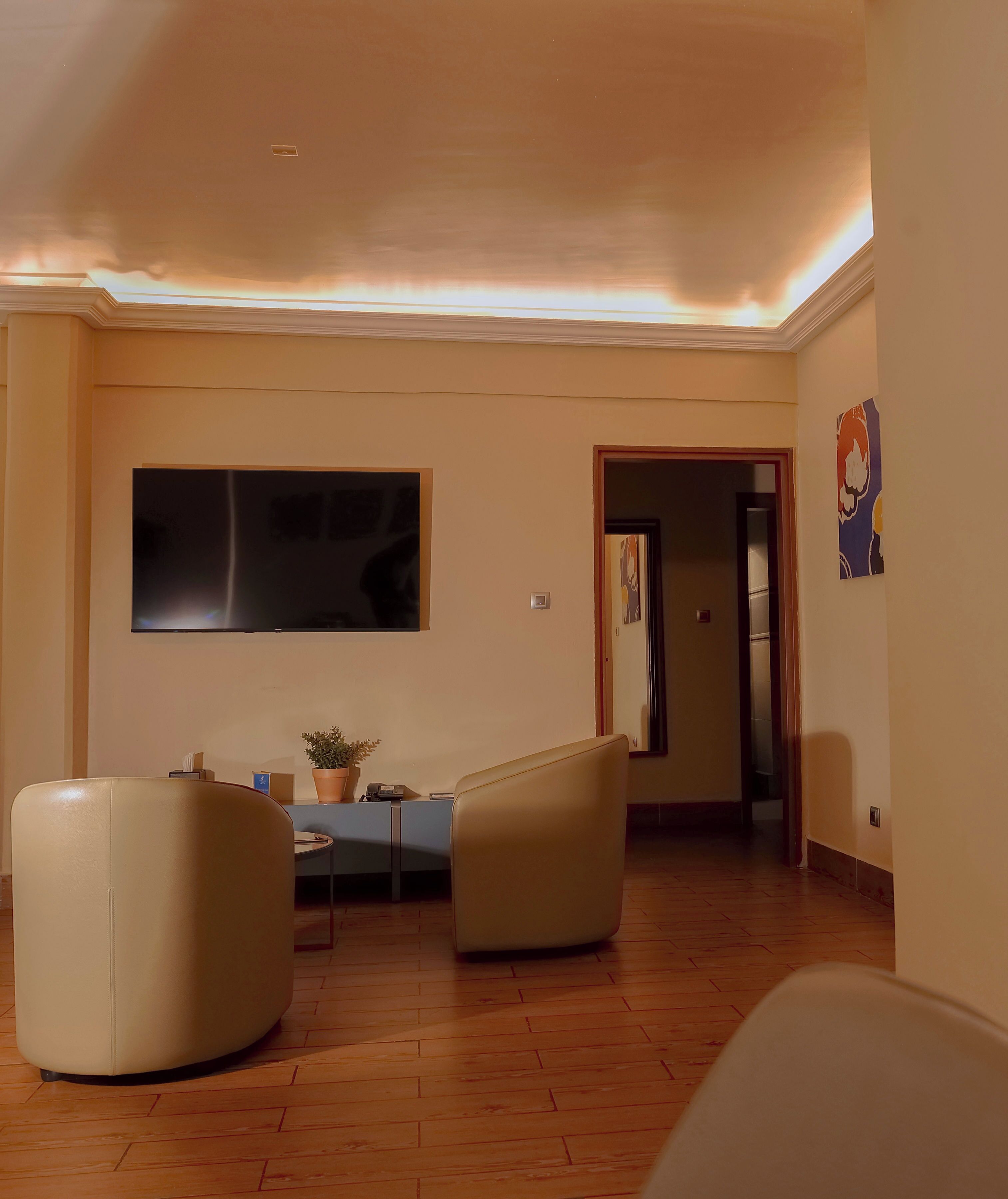 A spacious living area with a large flat-screen TV, two bean bag chairs, a small table, and a potted plant.