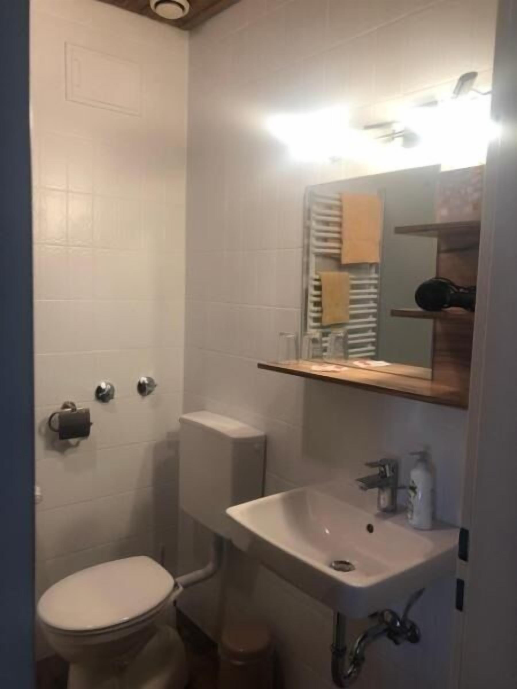Ein Badezimmer mit Toilette, Waschbecken und Spiegel.