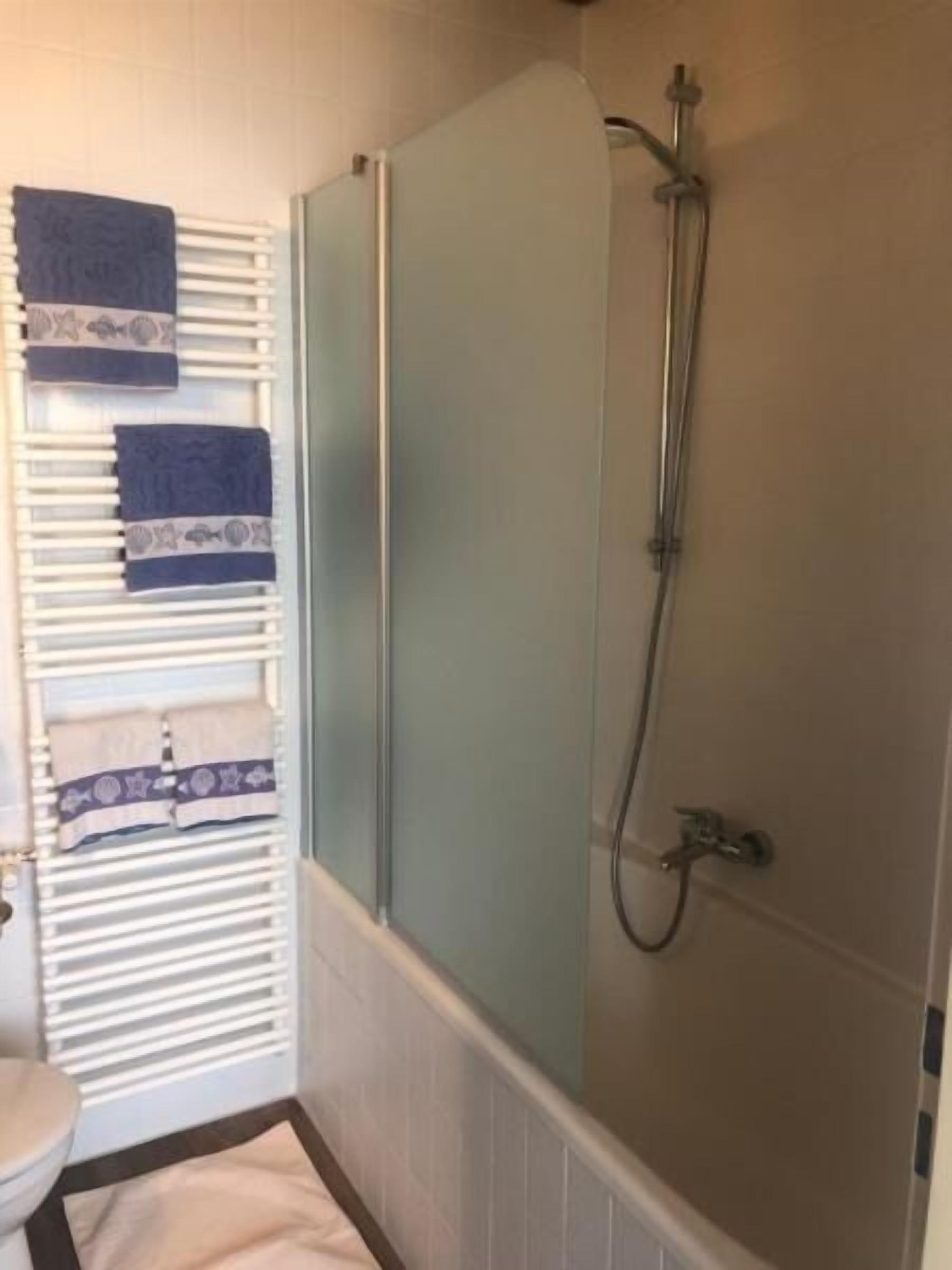 A bathroom with a glass shower enclosure, a towel rack with patterned towels, and a toilet.