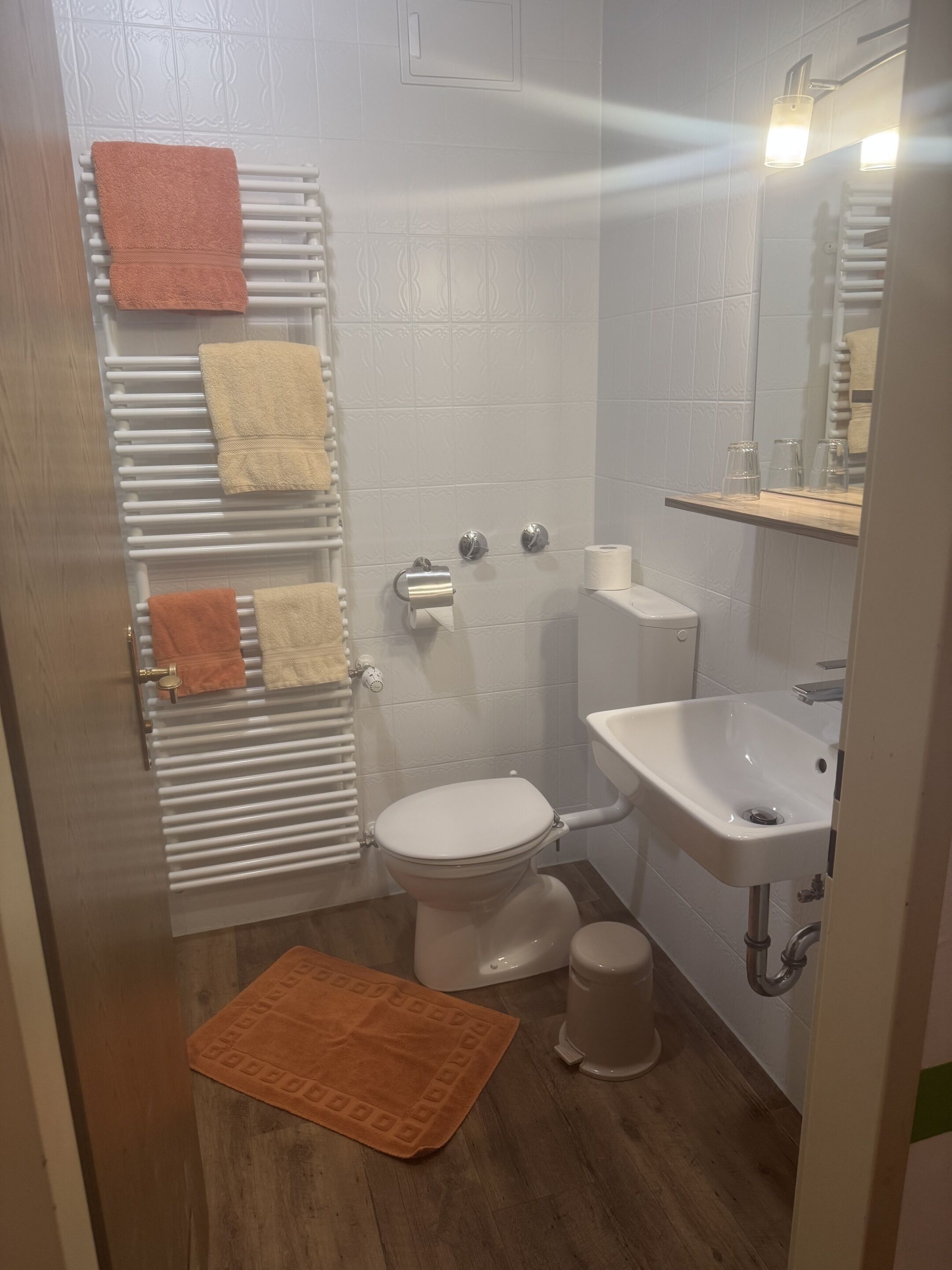 A small bathroom with a toilet, sink, towel rack, and a mirror.