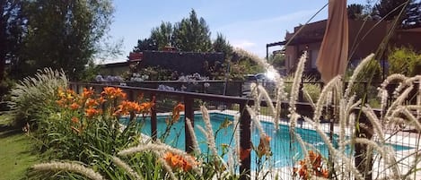 Outdoor pool, open 10:00 AM to 8:00 PM, pool umbrellas