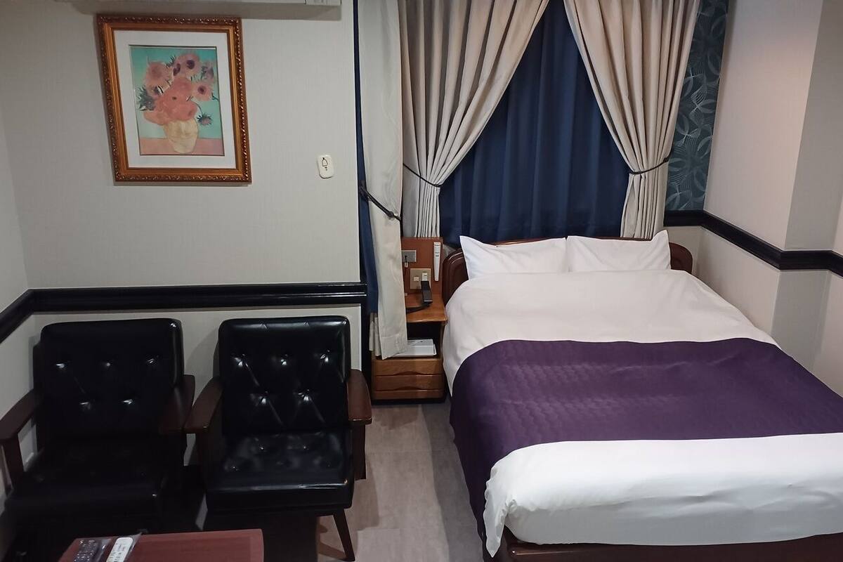Una habitación de hotel con cama, dos sillas, una mesita de noche, un cuadro y cortinas.
