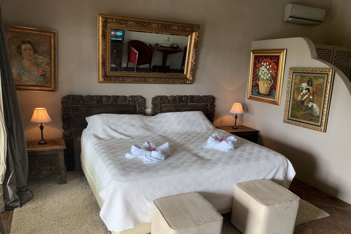 Desk, laptop workspace, blackout curtains, free WiFi