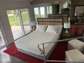 Desk, laptop workspace, blackout curtains, free WiFi